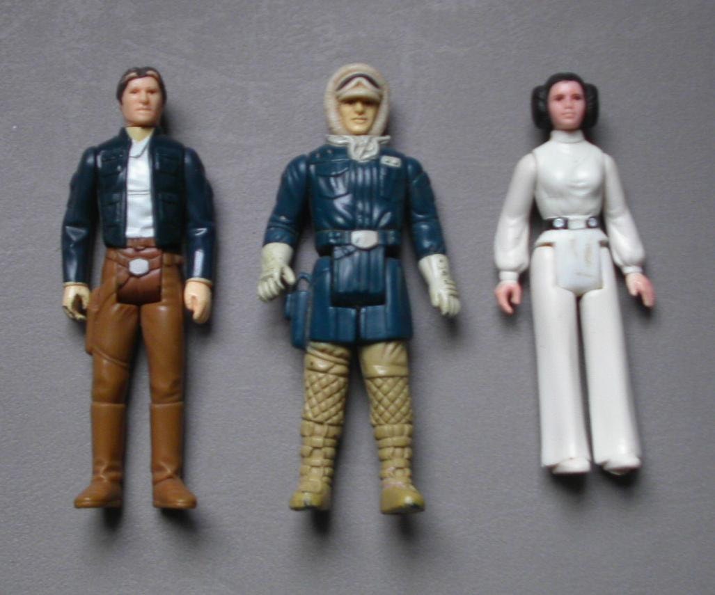 Star Wars Toys Three Figures Molded Plastic Kenner Collectible Vintage Hans Solo Princess Lea Luke Skywalker Motion Picture Movie Figure
