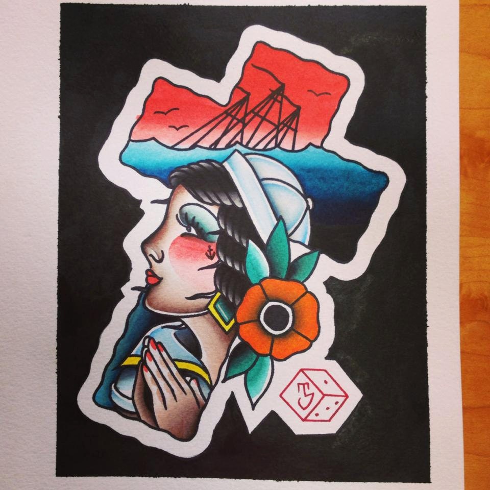 Traditional Tattoo Flash Watercolor Gypsy and Sinking Ship