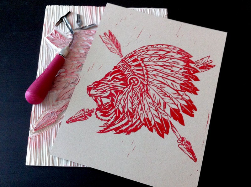 Chief Of The Jungle - Linocut Print - Red Variant