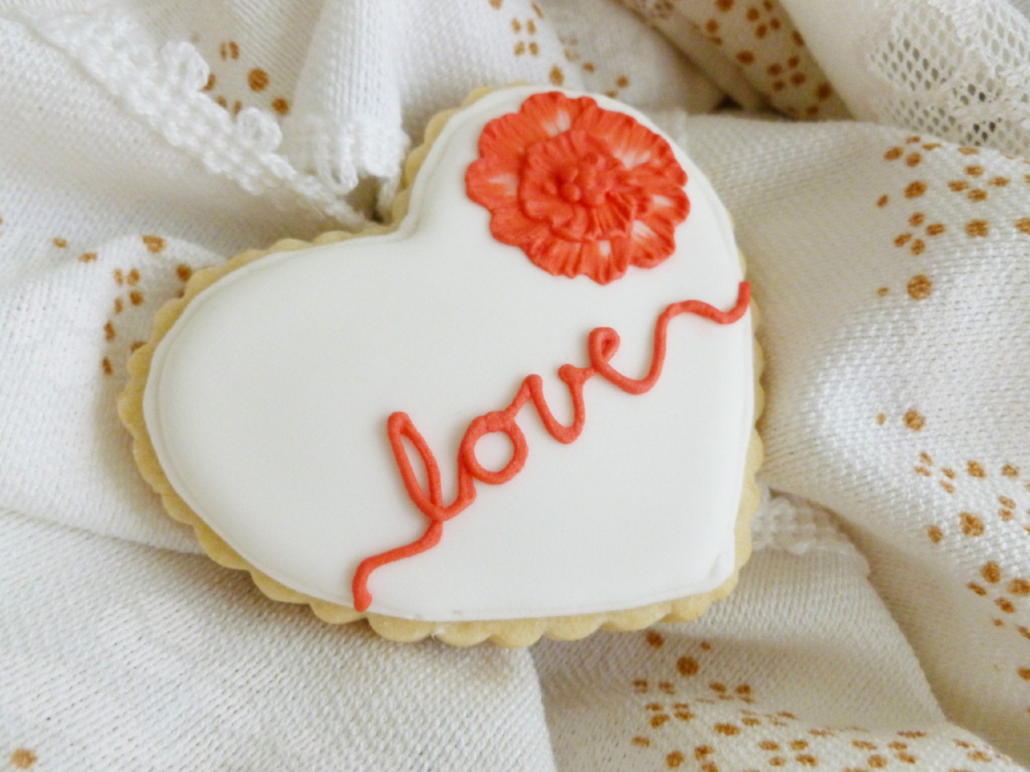 Heart Sugar Cookies Love Script Brushed Embroidery Flower  - 1 Dozen
