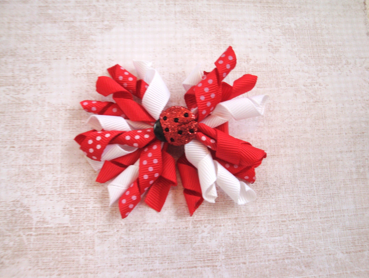 15% OFF-Pink & White Ladybug Ribbon Bow, Butterfly Hair Clip, Baby Girl Hair Bow, Toddler, Child, Adult, summer,Barrette