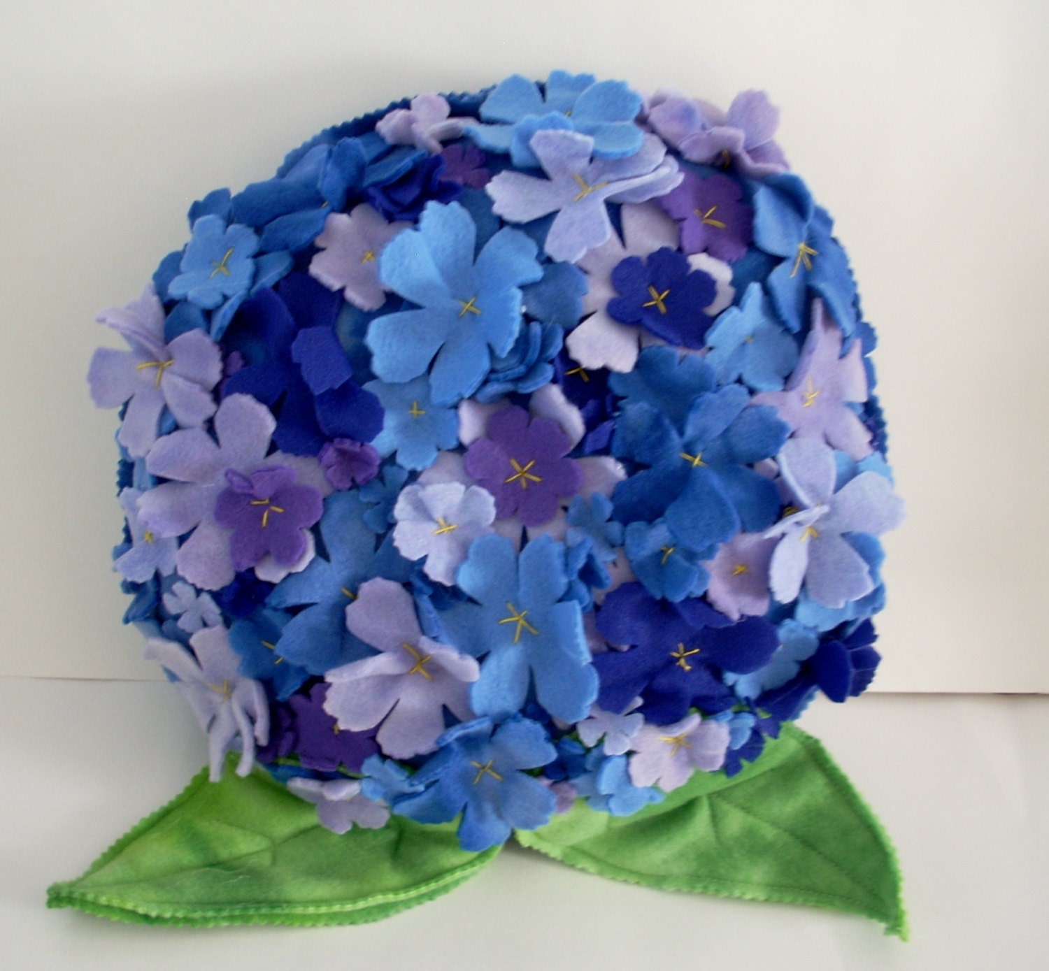 Blue and lilac hydrangea fleece flower pillow with hand embroidery