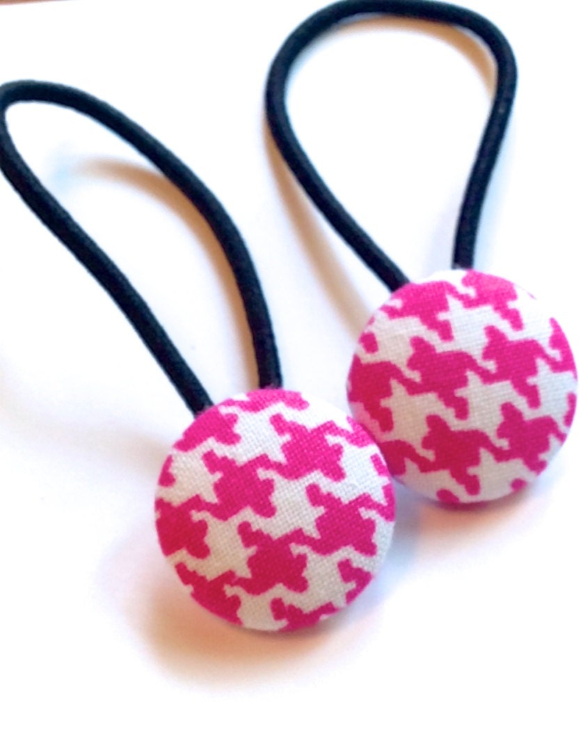 Set of 2 Ponytail Holder/ Hair Accessory with 7/8" Pink and White Houndstooth Fabric Covered Button/ Free Shipping