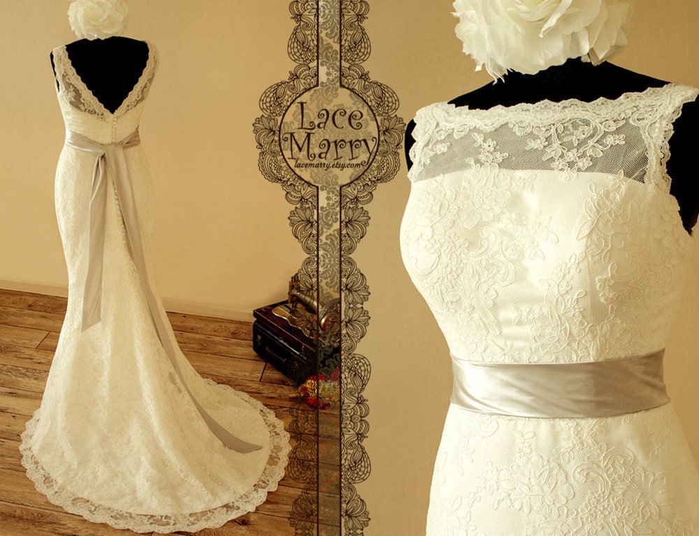 High Neckline Open V-Back Lace Wedding Dress in Slim A-Line Style, Comes with Satin Sash - Lace Wedding Dresses