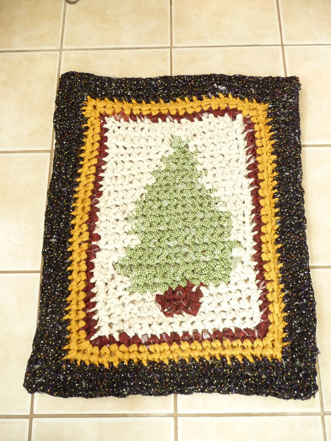 Handmade Cotton Crochet Rug - CUSTOM ORDER  - Christmas Tree Rectangle 23" X 31" Green White Red Gold Black Holiday Rug