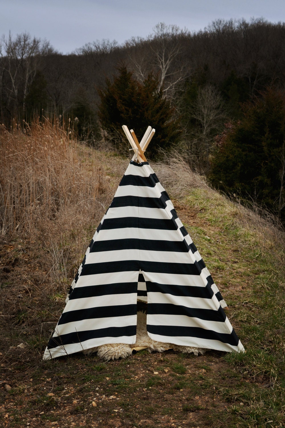 Teepee Play Tent - Children Toddler - Poles Included black and natural stripe - BElittleyouandme