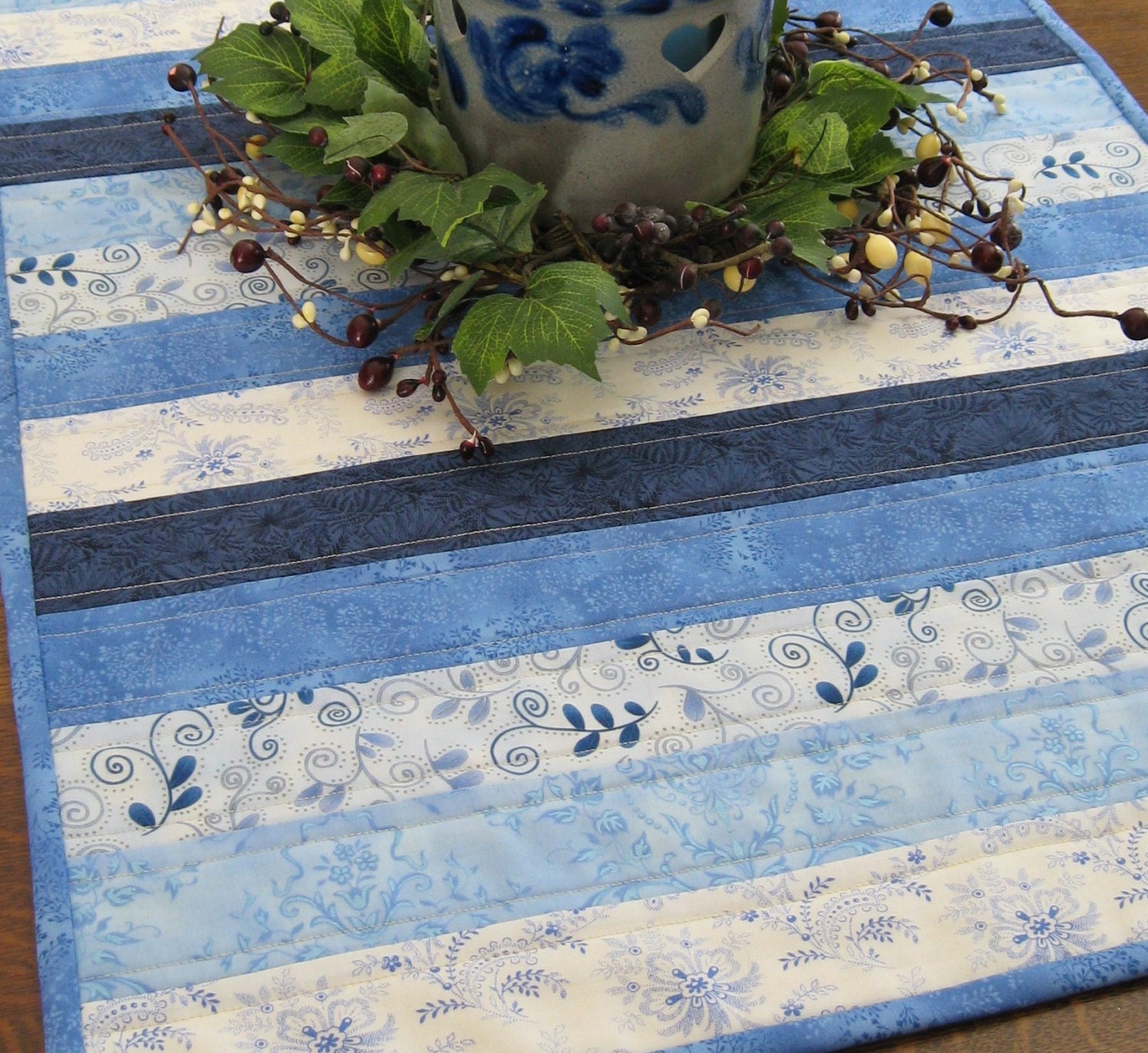 Quilted Table Runner in assorted blue floral fabrics