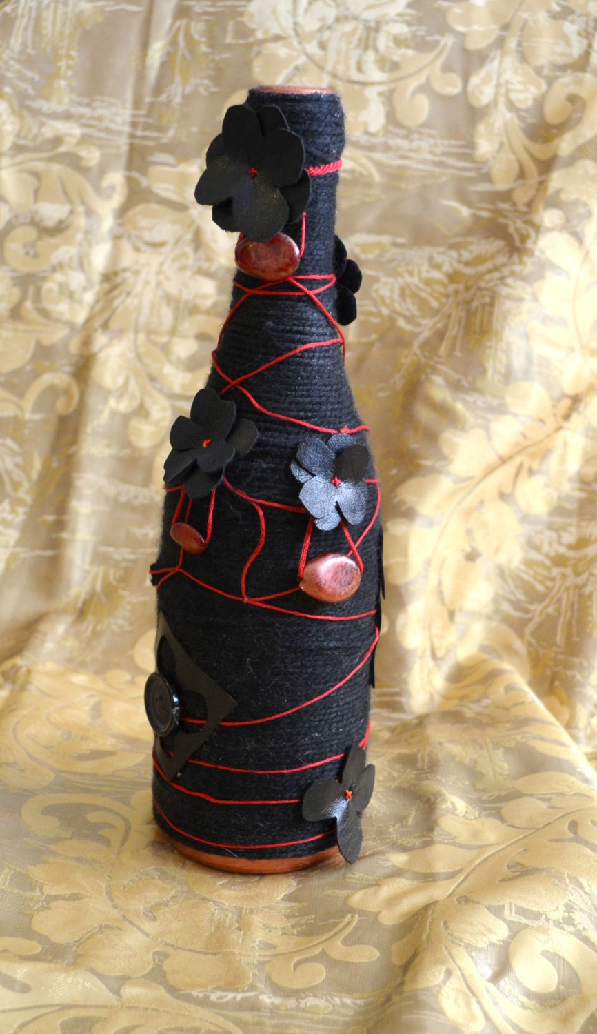 Red and Black Yarn bottle with Felt Flowers Wine Bottle Home Decor