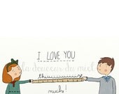 Card, kids, children, I love you this much, romantic, romance, green, orange, grey, brown, illustration