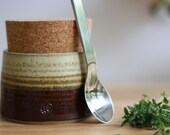 Kitchen storage jar. Modern Ceramic brown and oatmeal glazed stoneware with natural cork stopper.