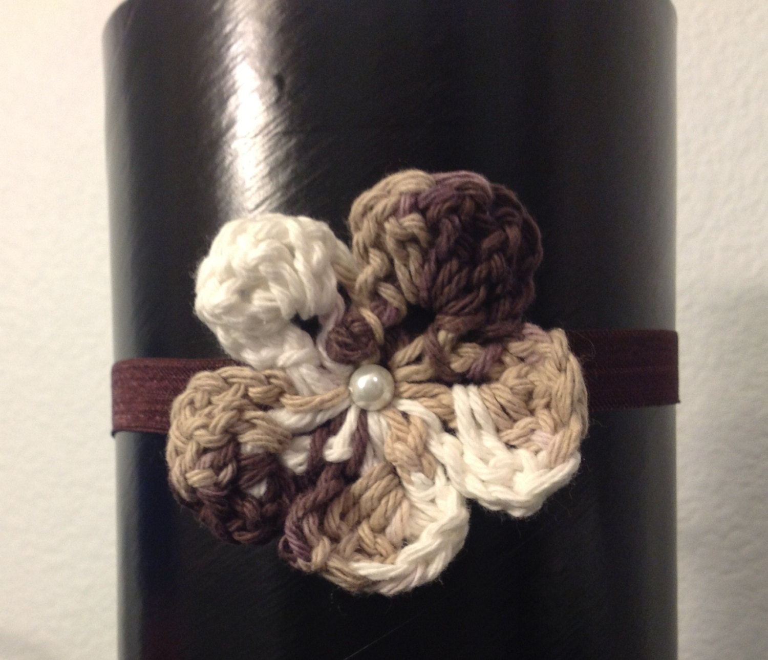 Infant Brown Knit Flower Elastic Headband with Pearl Accessory