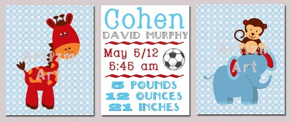 Buy announcements gifts invitations - Safari Birth Announcement Art, soccer, giraffe, monkey, elephant, boy, nursery art, shower gift