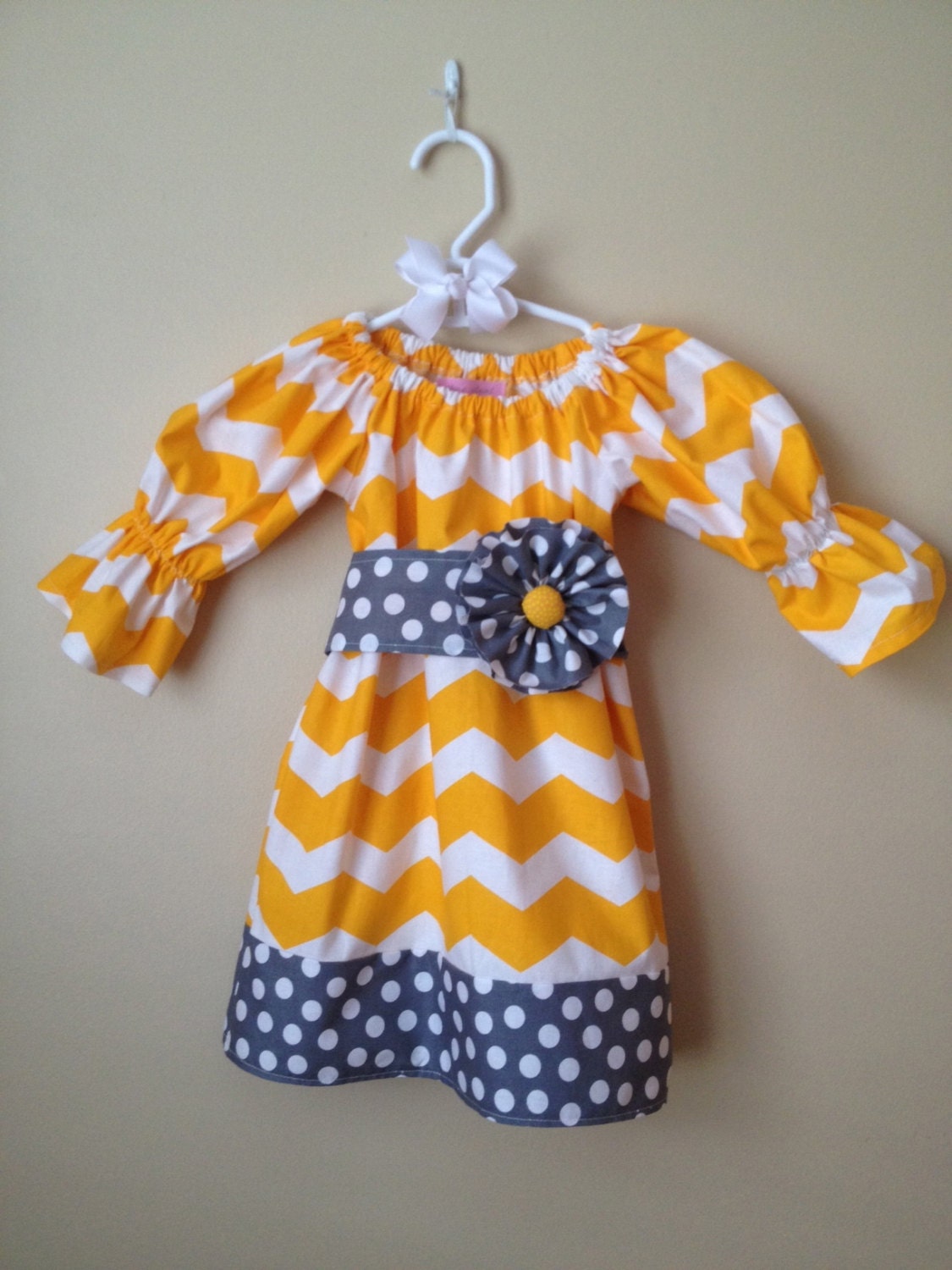 Baby Girl Yellow Chevron and Gray Polkadot Peasant Dress with Flower Sash and Hair Bow - 0-3 months - 6M - 12M - 18M - 2T - 3T - 4T