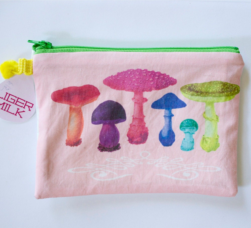 Rainbow Princess Mushrooms ... a LIGERMILK original. white vinyl / lined zipper pouch with pompom