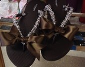 Elegant, handmade Chocolate brown ladies flip flops gingham ribbon hand ruffled and pearled big brown satin bow