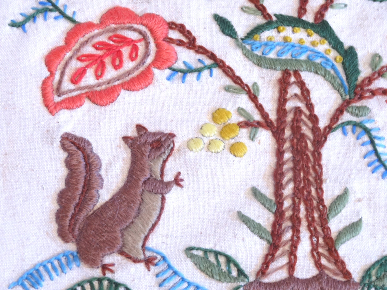 Vintage Crewel Embroidery / Two Unframed / Mid Century / Animal / Floral / Art