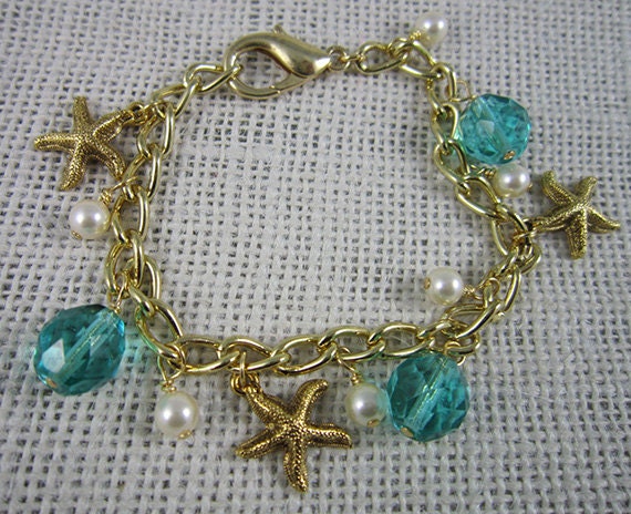 Starfish Charm Bracelet with Blue Faceted Beads and Swarovski Pearls
