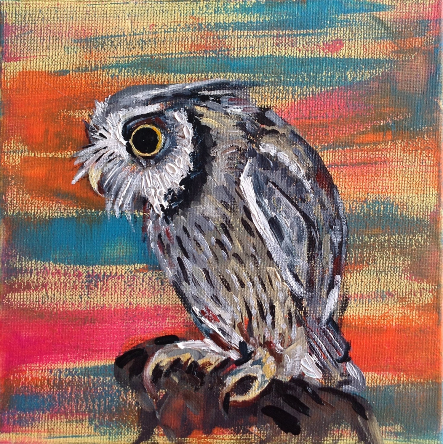 Original Oil Painting - Owl on Abstract Background
