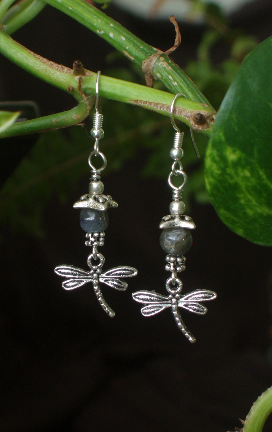 Natural Hand Carved Labradorite .925 Sterling Silver handcrafted reiki crystal healing dangle Tibetan Silver Dragonfly