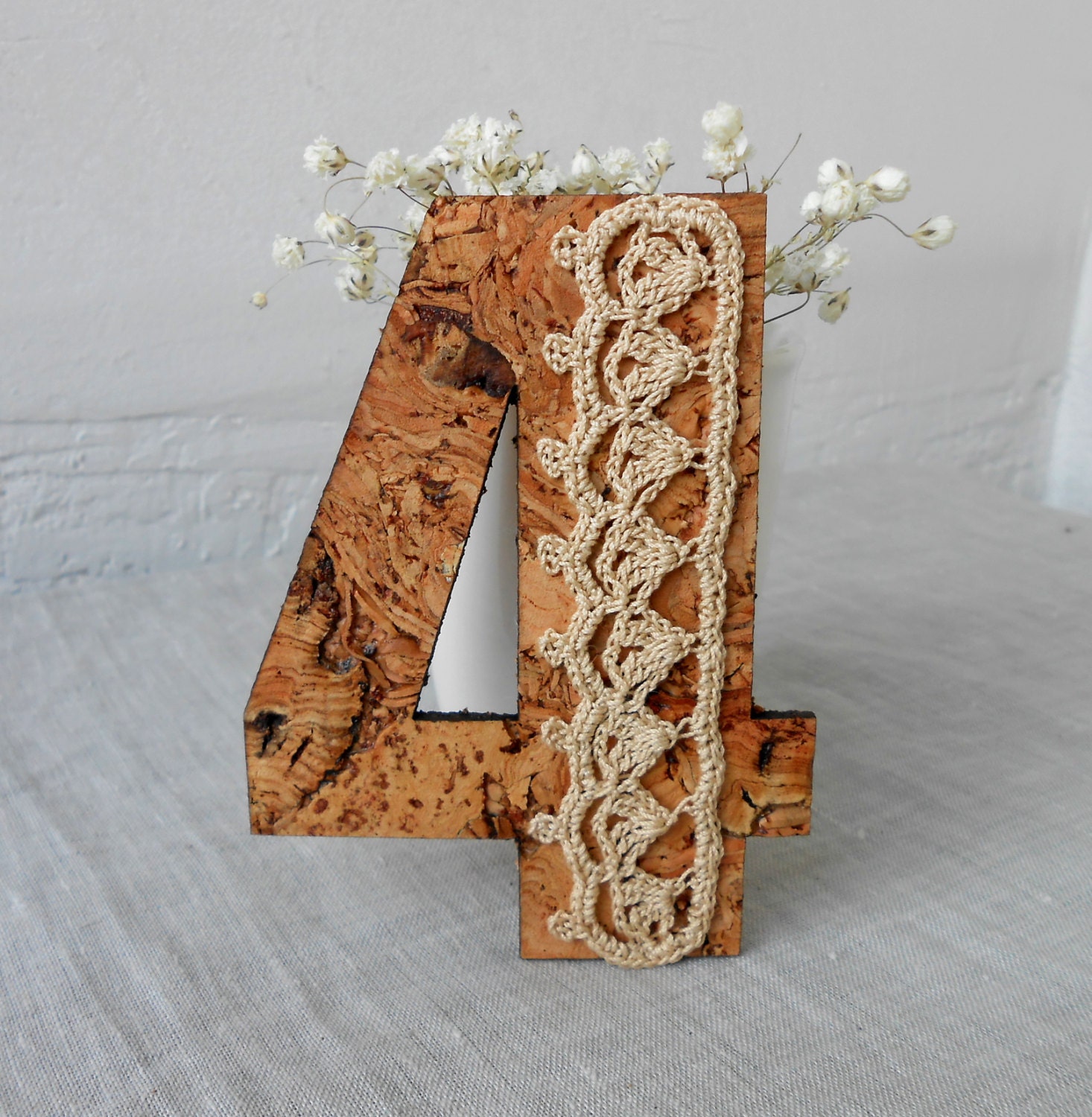 Rustic Table Numbers - Wedding Shabby Chic Cork and Cotton Lace Numbers - Table Decoration - Eco Friendly - Green Woodland Decor - Set of 10