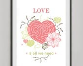 Love Quote A3 Peach, Heart Art Positive Print, Typography Poster, Wedding Anniversary Gift, Love Poster, Pink Poster, Valentines Day Gift