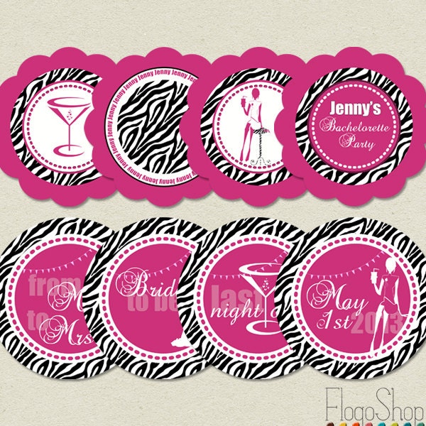 Bachelorette party decorations Printable stickers zebra pink cupcake toppers DIY silhouettes circles chic coctail personalized bride Il_170x135