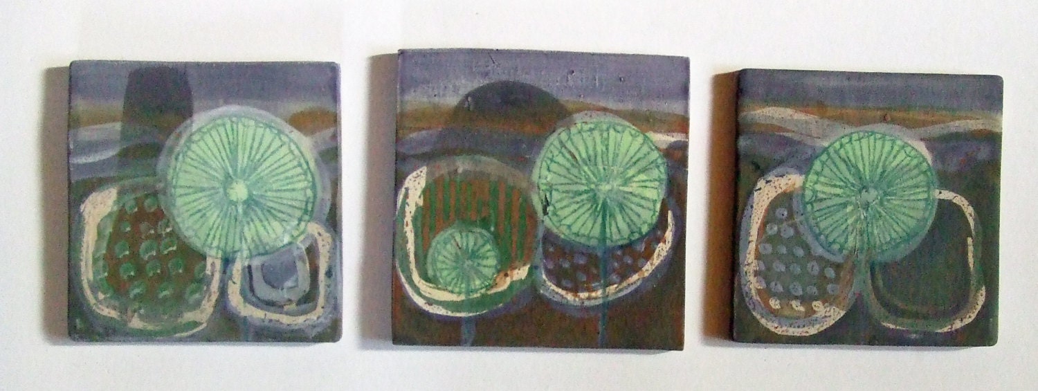 hand painted ceramic tiles, dandelion, purple and turquoise
