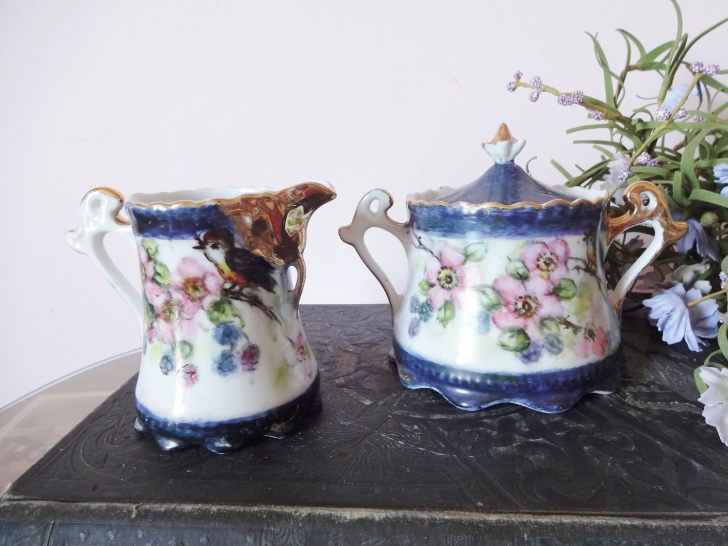 Vintage Old hand painted cream and sugar set, white porcelain with hand painted pink flowers and birds, shabby chic, cottage style