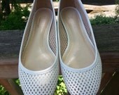 Womens White Leather Laser Cut Style Ballet Flat Size 7.5-8/Made In Brazil/Summer Shoe/Sandal/Slip On/Wedding Shoe/Slider/Talbots