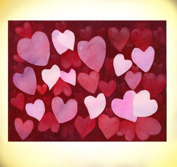 Heart, Wedding Gift, Valentines, LOVE, Art Watercolor Painting print by Suisai Genki, 8x10, Wedding Guest book , Giclee Print, Red, Pink,