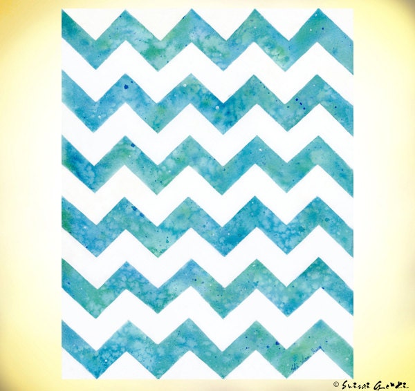 Ocean Chevron, Blue tone, Blue Chevron, Giclee Print, 5x7, Watercolor painting by Suisai Genki, Turquoise Blue, Marine Blue, Blue