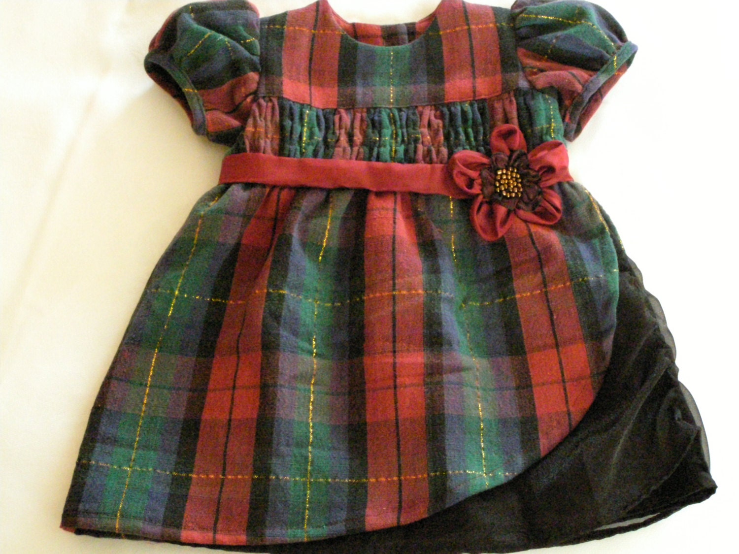 Burgundy Plaid Toddler Dress with Flower Trim sizes 12 mo to 3 T