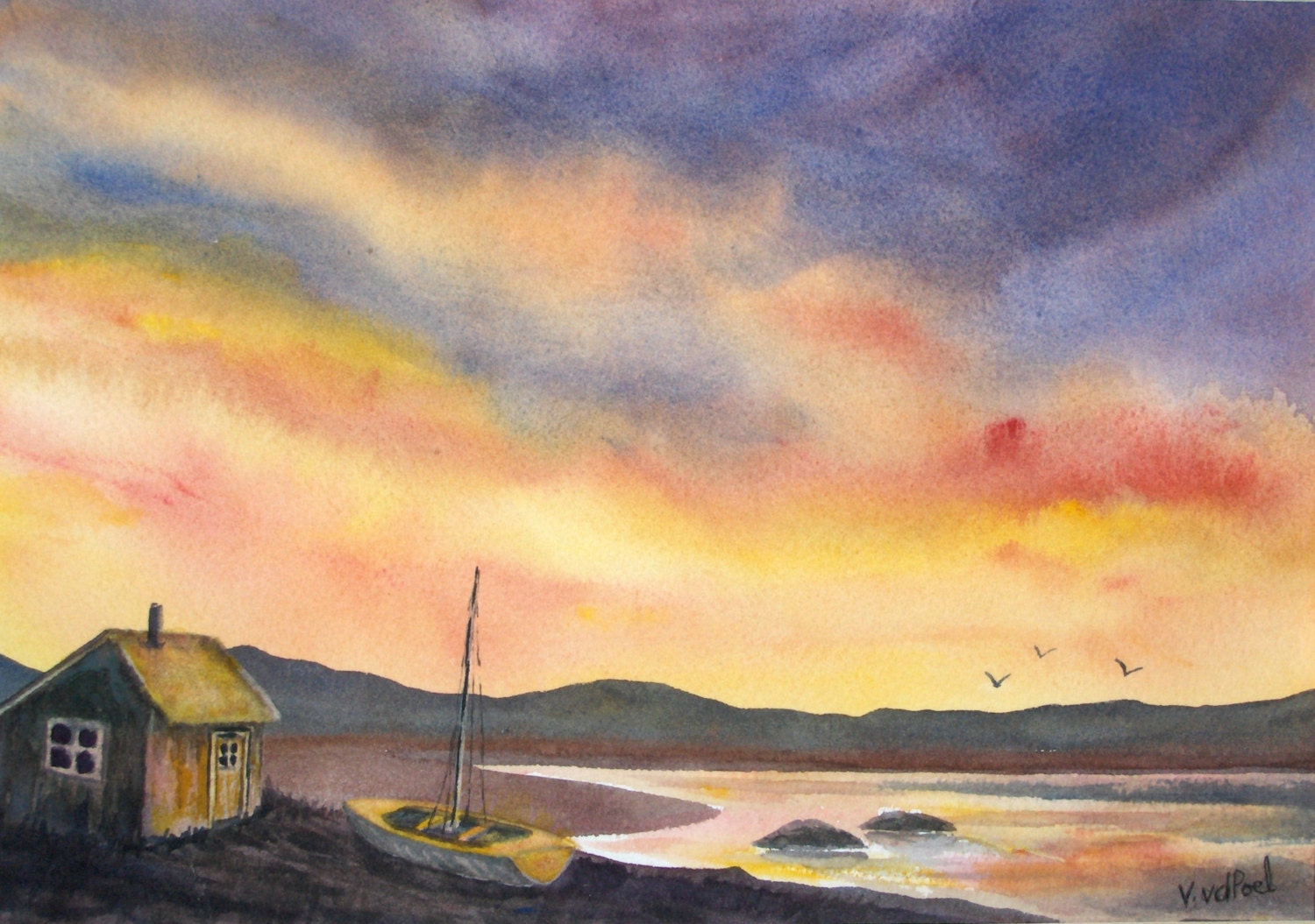 Solitary Fishing Shack - sunset painting in red, orange and purple, lake, boat and shack, original, watercolor