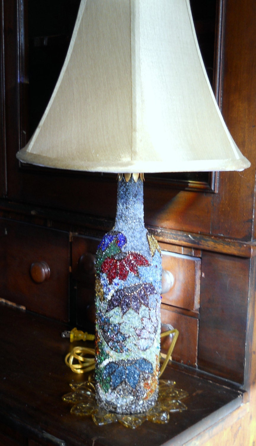 one of a kind lamp with lighted base, all handmade, crushed stained glass