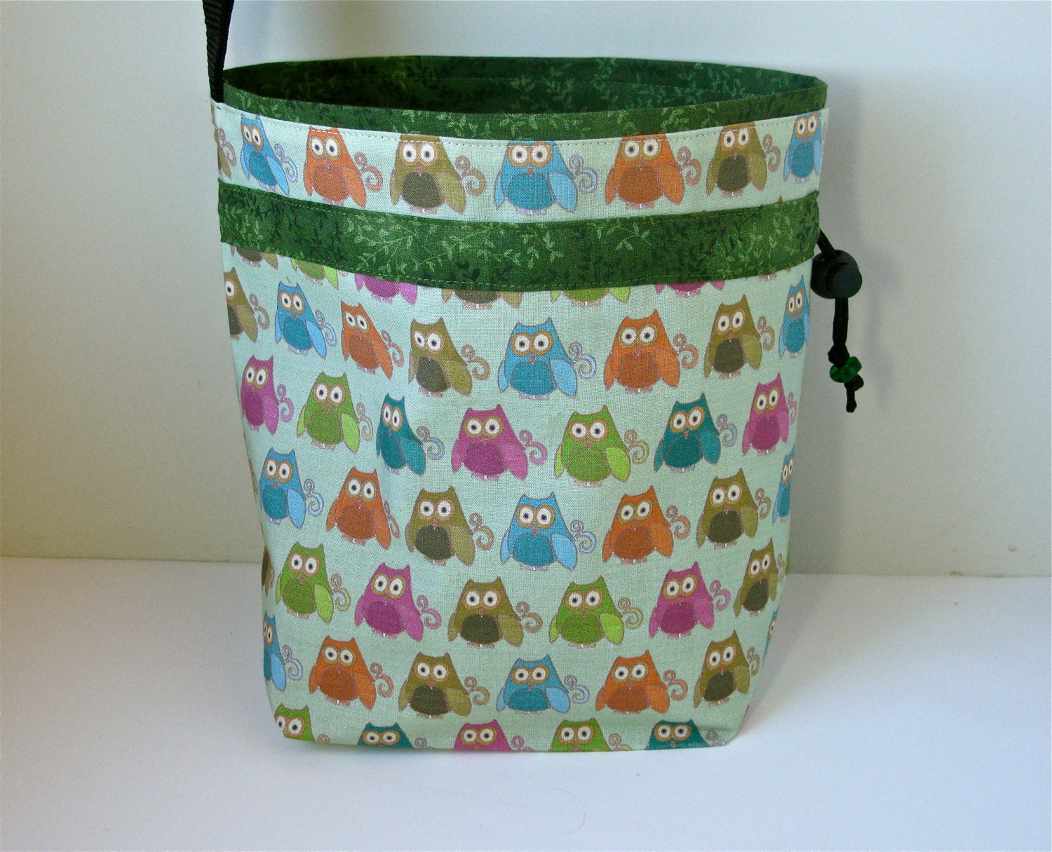 Woodland Owls printed cotton drawstring project pouch.