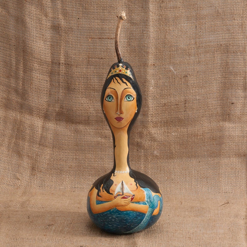 dry painted gourd, mermaid, original paint sea, blue,portrait,folk art