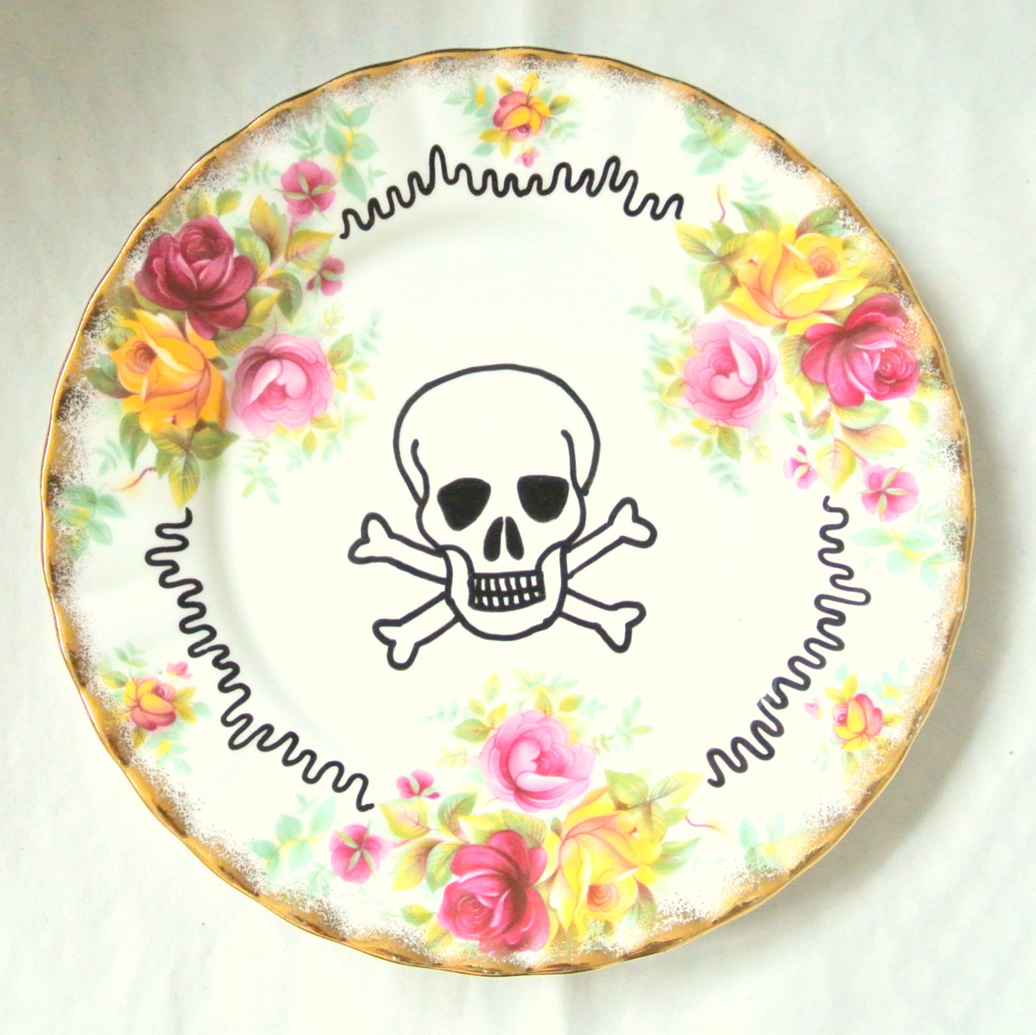 Skull and Crossbones Cross Bones X Goth Floral Side Plate Flowers Bone China Upcycled Decorative Wall Plate Dish Ironic Gold Vintage