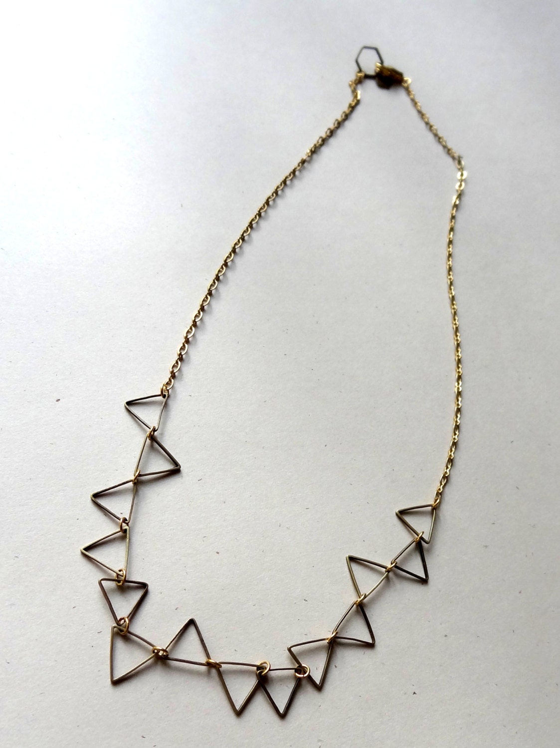 Delicate Handmade Geometric Bass Necklace, Ingenious Triangle bunting Chain, Vintage Gold and Bass Necklace, Jewelry Gift for Her