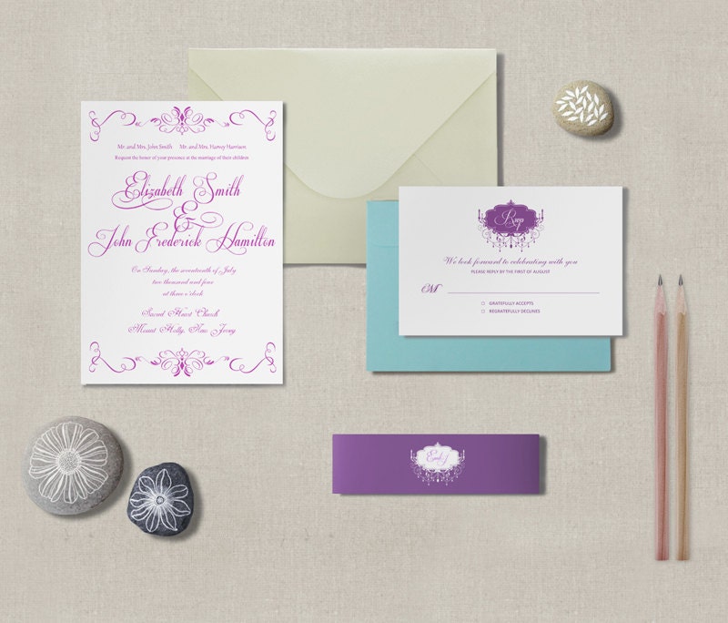 Custom wedding, Blue White Pink invitation, Rustic Vintage Country Unique Wedding Invitation Set / free shipping