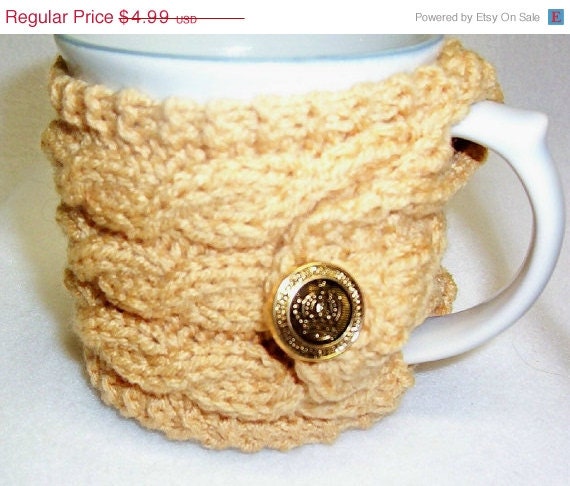 ON SALE IN Stock Coffee Tea Mug Cup Cozy Sleeve - Knit Cabled Butterscotch Buttoned or Any Color Mothers Day Easter Gift