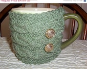 ON SALE IN Stock Coffee Tea Mug Cup Cozy Sleeve - Knit Cabled Sage Green Buttoned or Any Color Mothers Day Easter Gift