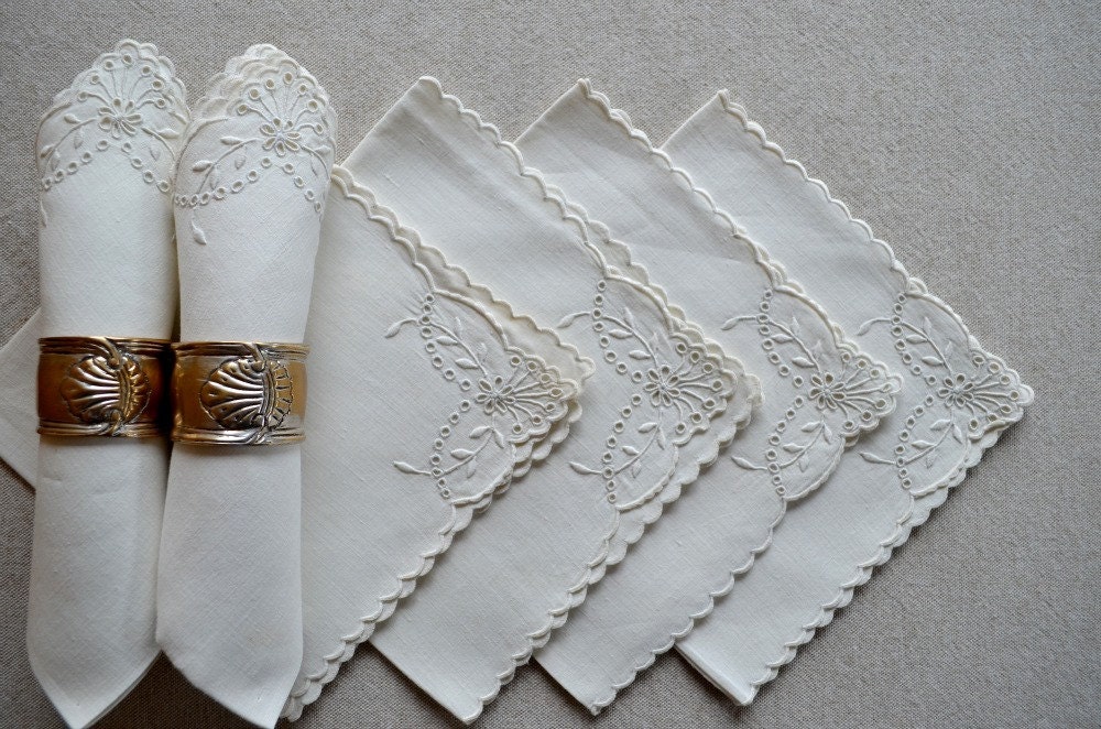 vintage linen napkins with scalloped edge, set of 6