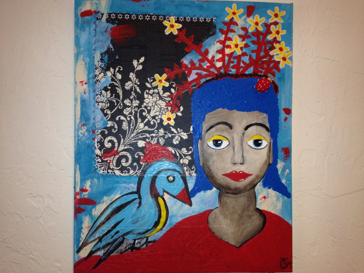 Large original painting bright bold colorful folk art acrylic girl woman flowers bird art:  "Garden Daze"