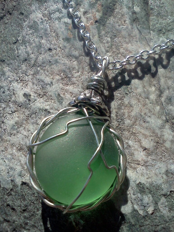 Beautiful Frosty Green Wire Wrapped Necklace