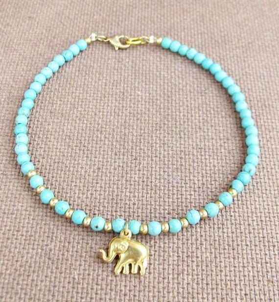 4 mm Turquoise Bead Summer Ankle Bracelet added Elephant Charm