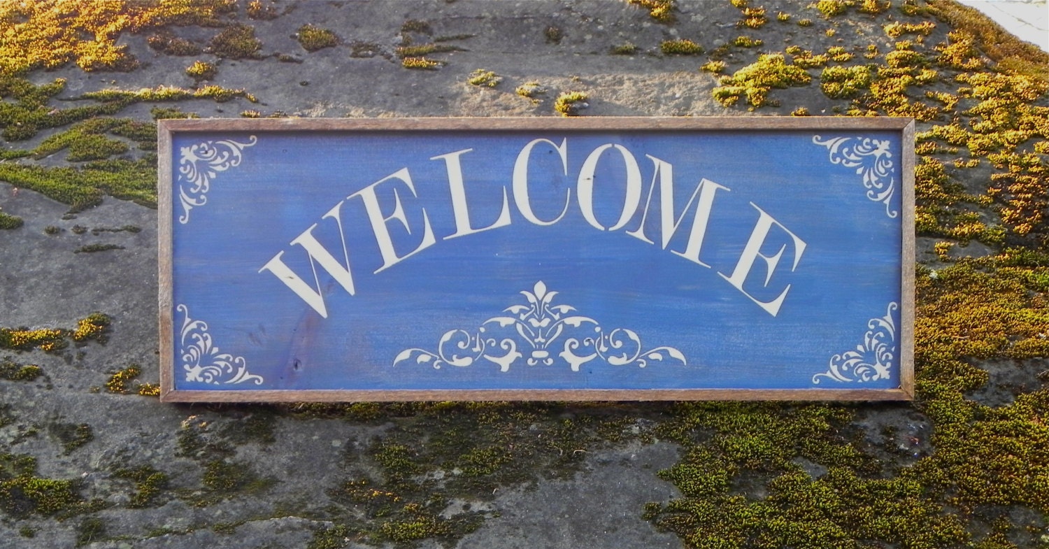 WELCOME sign - Handmade Wood Signs - Home Decor - Rustic - Country Farmhouse - Housewarming Gift - Outdoor Signage - Blue