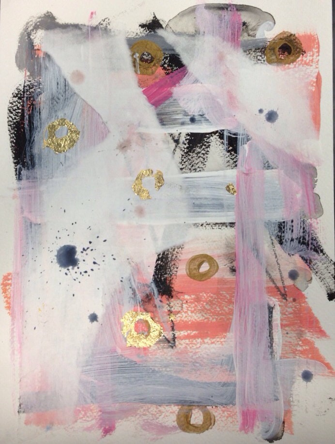 Abstract mixed media painting, pink, black, white and gold, 9"x12", "Skyline"