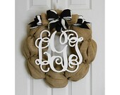 Burlap Wreath with a Bow and Custom Wooden Monogram - Preview Your Monogram for Free - Monogram Wreath