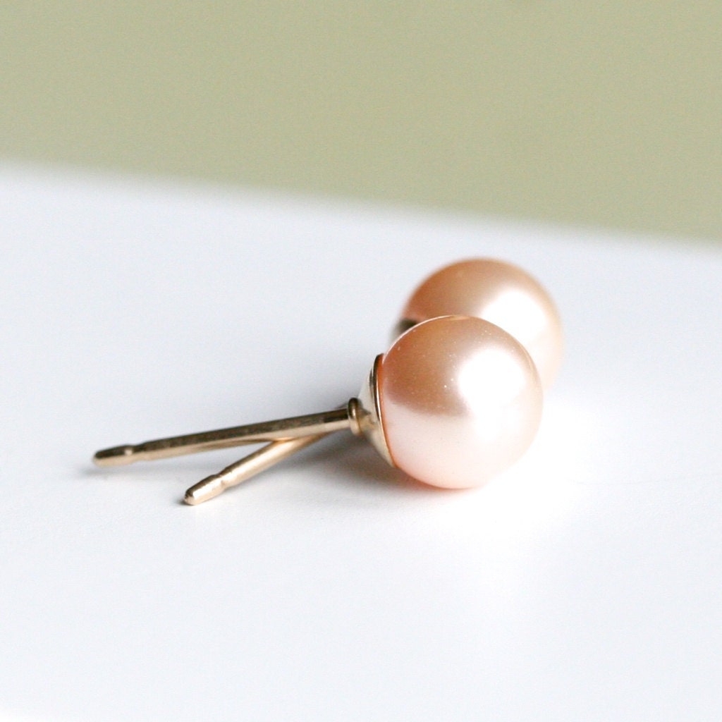 Handmade pearl studs, pale peachy pink, pearl earrings, 6mm Swarovski crystal pearls, post earring, 14k gold filled, Petite Mimi Jewelry