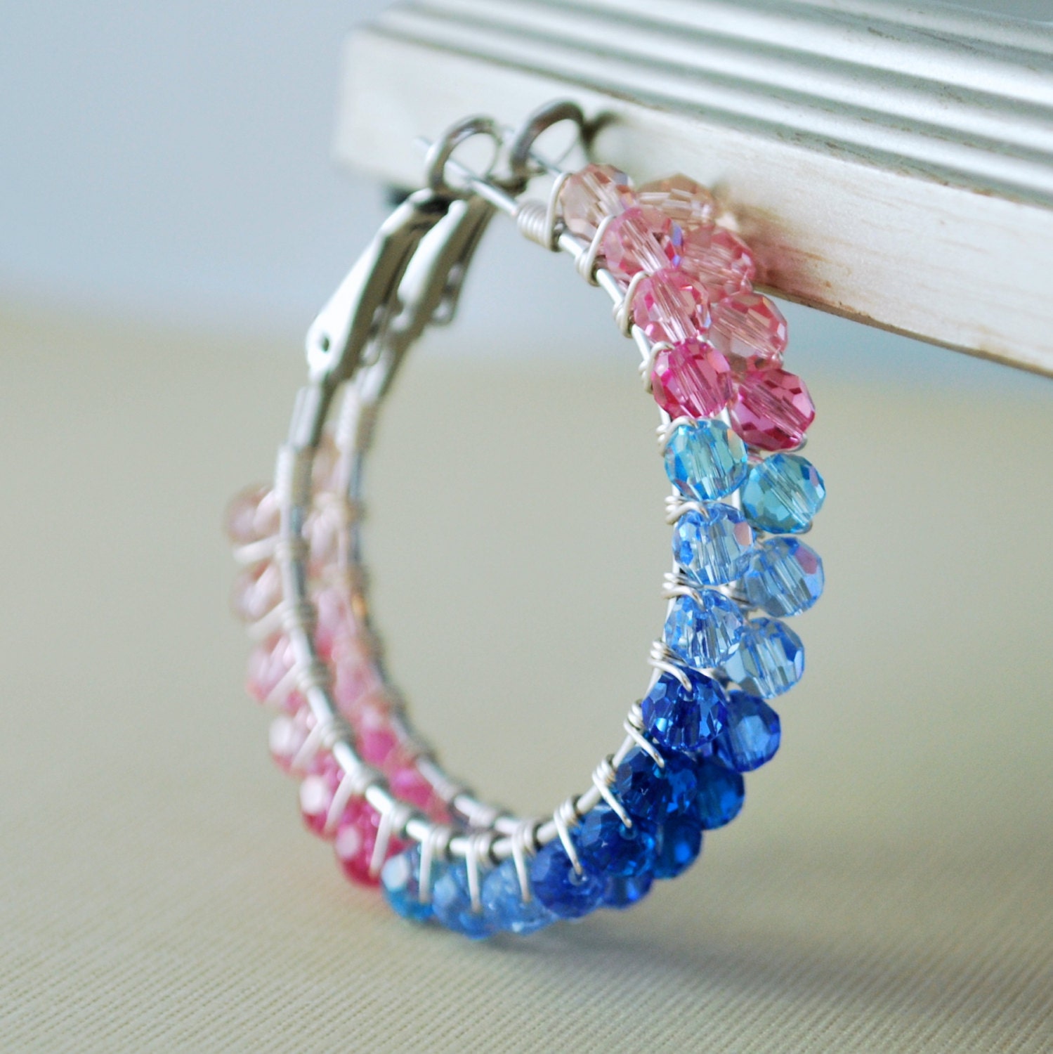 Crystal Hoops, Silver Plated Earrings, Pink and Blue Swarovski Beads, Easter Spring colors, Wire Wrapped Earrings